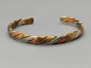 Vintage Twisted Tri - Color 3 Metals Rope Thin Cuff Bracelet Copper Brass Steel