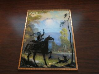 Vintage Reverse Glass Painting In Copper Frame - Rider Silhouetted On Mountain