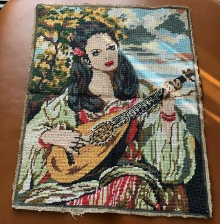 19 " X 15 " Vintage Completed Finished Needlepoint Canvas Hm Girl