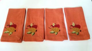 Vintage Williams Sonoma Set Of 4 Burn Orange Embroidered Cotton Table Napkins