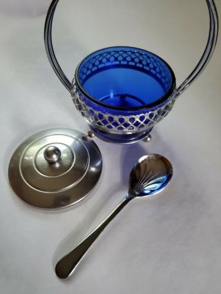 1970s Vintage Cobalt Blue Glass & Metal Sugar Bowl With Lid,  Spoon & Metal Cage