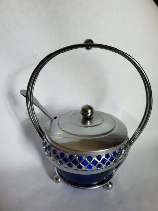 1970s Vintage Cobalt Blue Glass & Metal Sugar Bowl With Lid,  Spoon & Metal Cage 2