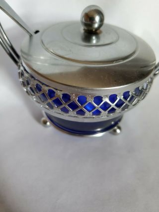 1970s Vintage Cobalt Blue Glass & Metal Sugar Bowl With Lid,  Spoon & Metal Cage 3