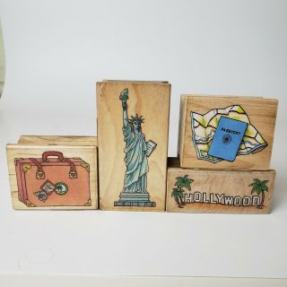 All Night Media Vintage Wood Mounted Rubber Stamp Travel Set Of 4