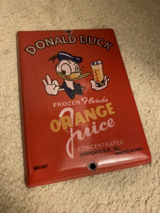 Vintage Walt Disney Donald Duck Porcelain Sign Gas Oil Pump Plate Orange Juice