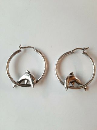 Vintage Designer Signed Sterling Silver 925 Dolphin Hoop 3d Earrings 1 "
