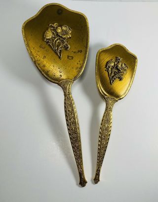 Vintage 24kt Gold Plated Vanity Hand Mirror Brush Set Raised Floral Design