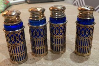 4 Empty Cobalt Blue W Gold Color Metal Casing Salt & Pepper Shakers