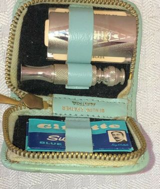 Nos Vintage Gillette Travel Razor With Zipper Blue Leather Case Austria