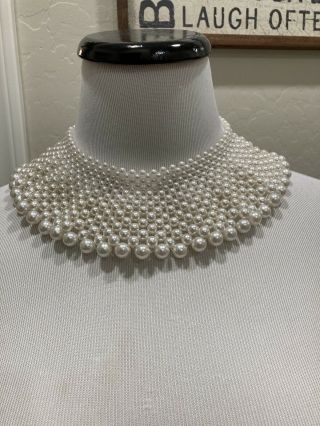 Vintage Faux Pearl Collar Necklace 2.  5” Wide Appx.  Makes A Statement 3