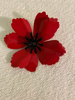 Vintage Enamel Flower Brooch Metal Red W/black Center 2 3/4 "