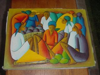 Vintage Haitian Folk Art Painting Signed Roland From Haiti