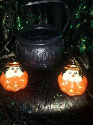 Vintage Halloween Witch Blowmold Ornaments And Cauldron Treat Pail/bucket