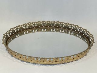 Vintage Brass Filigree Oval Mirrored Vanity Tray Table Top Or Wall Hanging