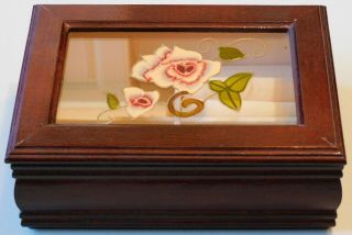 Vintage Wooden Jewelry Box Cherry Finish Glass Floral Accent Lid 20,  Years Old