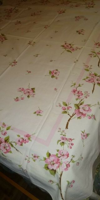 Vintage Printed Cotton Tablecloth,  Pink Cherry Blossoms.  52 " X61 "
