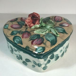 Lesal Ceramics Heart Shaped Trinket Box W/ Capodimonte Styled Red Rose 5 " X4.  75 "