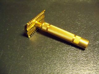 Vintage Gillette Gold Tone Open Comb Tech Fat Handle Safety Razor 3 - Piece