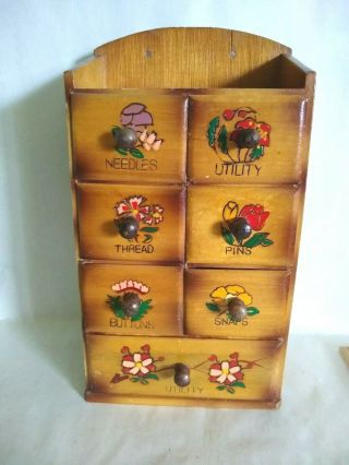 Vintage Wooden Sewing Box With Painted Flowers On The Drawers.