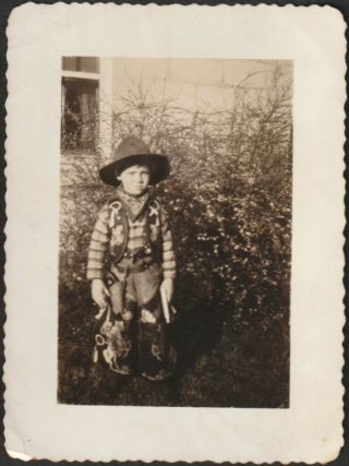 B277 - Little Cowboy By The Bushes - Old Vintage Photo Snapshot