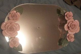 Vintage Oval Dresser Vanity Mirror Tray With Pink Porcelain Roses 13.  5 " X 8.  5 "