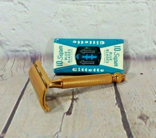 Vintage Gillette Tech Razor Gold Tone With Pal Blades