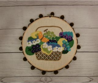 Vintage Finished Crewel Embroidery Hoop Floral Basket Pom Pom Fringe 10.  5 "