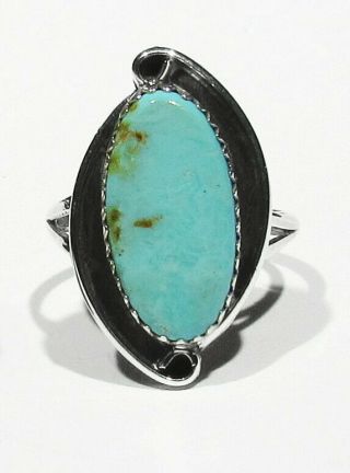 Vintage 1970s Signed Navajo Natural Aaa Candelaria Turquoise 925 Silver Ring 7.  5