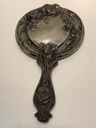 Vintage Silver Hand Held Vanity Mirror Art Nouveau Roses