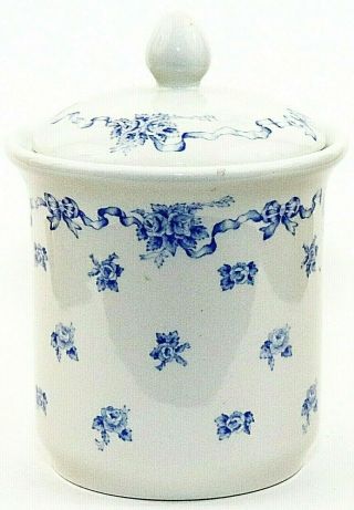 Laura Ashley Ribbons Covered Jar Vintage Blue White Roses Bows England Euc