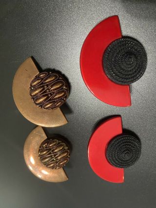 2 Vintage Copper/Black/Red Clip Earrings,  RETRO 1980s Fan Shape 2” 2