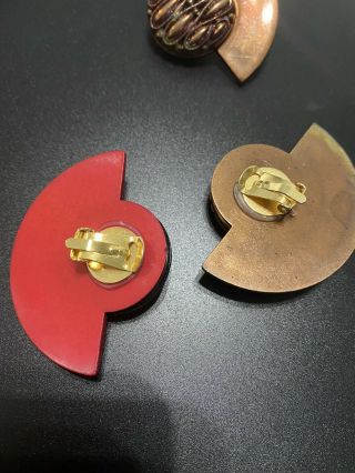 2 Vintage Copper/Black/Red Clip Earrings,  RETRO 1980s Fan Shape 2” 3