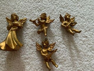 Vintage Angel Cherub Christmas Ornaments Gold Colored Set Of 4