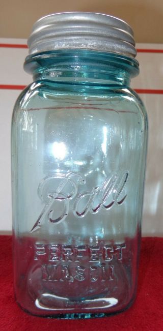 Old Vintage 2 Square Blue Glass Ball Quart Canning Jar Mason Zinc Lid Zink Cap