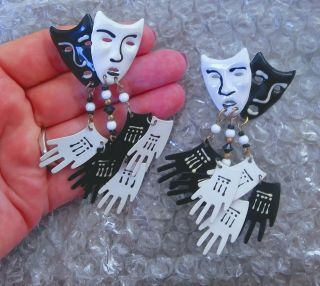 Vintage Articulated Jif Earrings Black White Enamel Theatre Comedy Tragedy Mask
