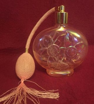 Perfume Bottle Pink Atomizer Bulb Glass Iridescent Luster Flowers Vtg 4.  5 In H