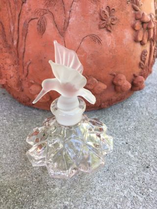 Vintage Pressed Glass Vanity Perfume Bottle W/ Frosted Hummingbird Bird Stopper