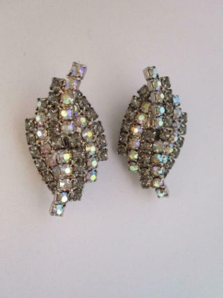 Vintage Prongset Black Ab Glass Rhinestone Clip On Earrings 80 