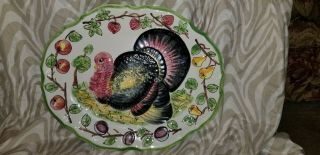 Vtg Hand Painted Turkey Platter Made In Italy Raised 3d 16 " X 20 " Ab