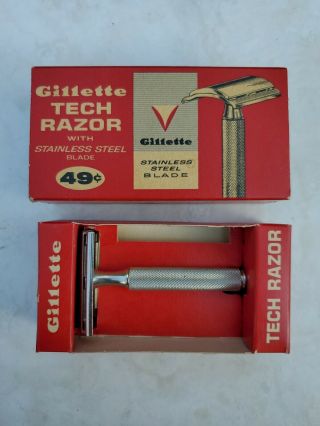 Vintage Gillette Tech Razor With Cardboard Box Made In U.  S.  A.