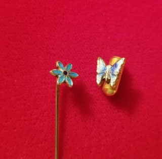 Vintage Butterfly Flower Jabot Stick Hat Pin Gold Tone Double Ended Enamel Pin