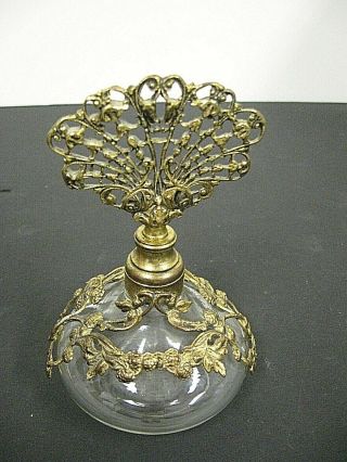 Vintage Matson Style Gold Filigree Ormolu Perfume Bottle Glass Dauber Fan Floral