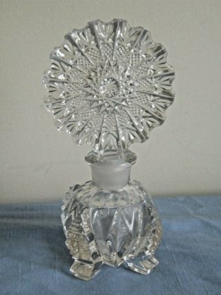 Vintage Ornate Fancy Clear Pressed Glass Perfume Bottle W/ Stopper