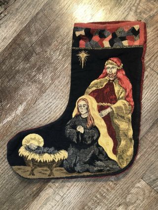 Vintage Tapestry Christmas Stocking Nativity Scene Jesus Mary Joseph 14 "