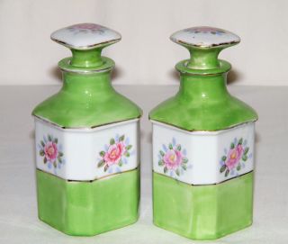 Lovely Vintage Pair Porcelain Vanity Perfume Bottles Green Marked Made In Japan