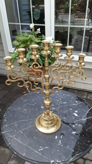 Large 19 " Vtg Solid Brass Jewish Menorah Candelabra 7 Arm Branch Candle Holder