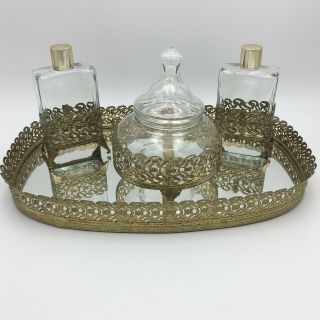 Vintage Ormolu Filigree Gold Vanity Dresser Set Mirror Perfume Powder/trinket
