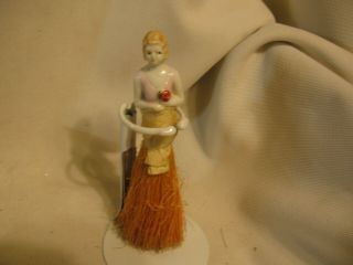 5 1/2 " Vintage Porcelain Half Doll Whisk Broom Clothes Brush W Metal Stand