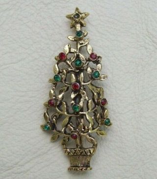 Vintage Burnished Gold Christmas Tree Pin Brooch Red Green Gem Ornaments Star