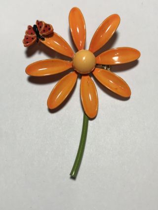 Vintage Orange And Red Enamel Metal Flower With Butterfly Brooch Pin